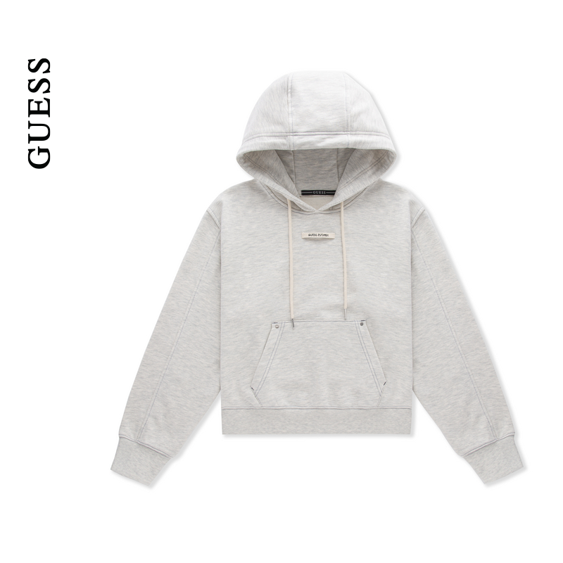 GUESS纯色大口袋罗纹连帽卫衣