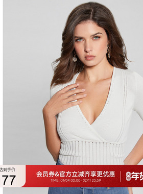 GUESS女士破洞交叉领深V修身短袖针织衫-W3GR17Z2U00