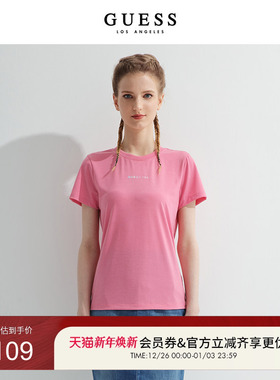 GUESS女士字母休闲宽松圆领短袖正肩恤多巴胺-YM2K8481K