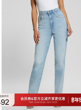 GUESS女士口袋边嵌珠设计直筒牛仔裤-W4YA21D5DD6