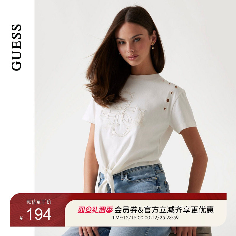 GUESS25年新款夏季女士镂空刺绣设计百搭系带短袖T恤-W5GI18I3Z14