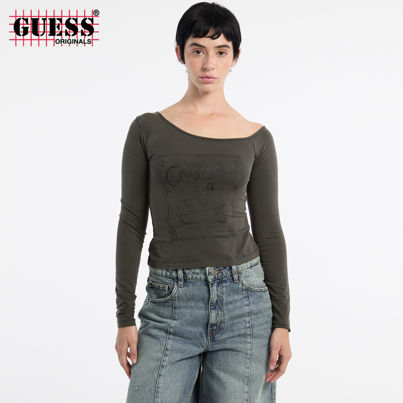 GUESSOriginals 25年新款早秋女士斜肩优雅复古T恤-W5YI42J1314