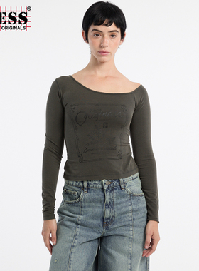 GUESSOriginals 25年新款早秋女士斜肩优雅复古T恤-W5YI42J1314