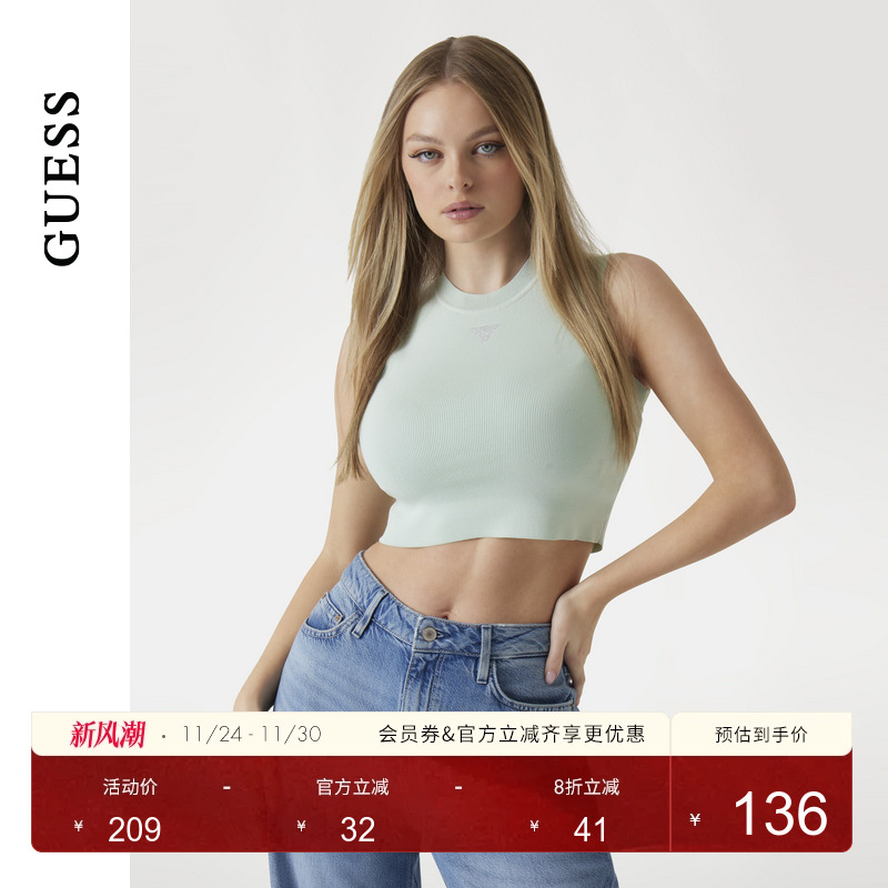 GUESS纯色短款露腰圆领上衣T恤