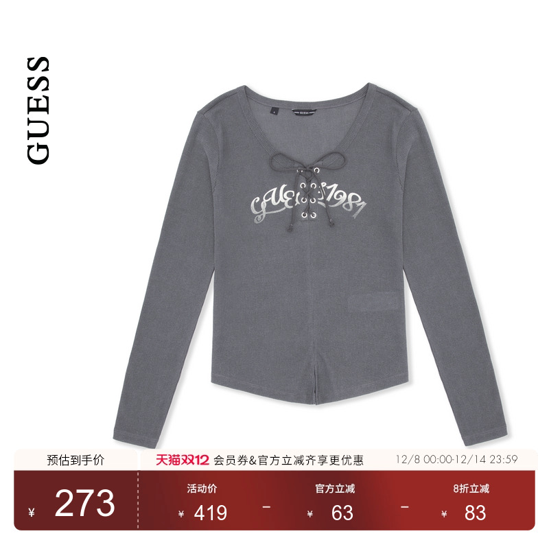 GUESS蝴蝶结装饰V领长袖T恤