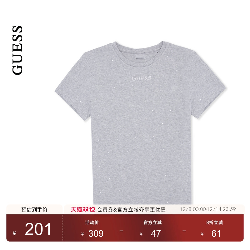 GUESS纯色圆领直筒短袖T恤