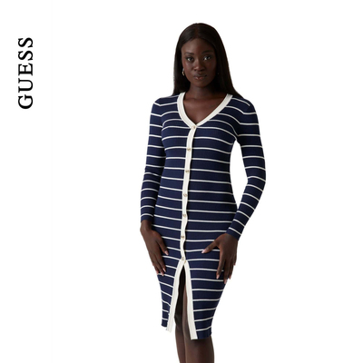GUESS女士纽扣蓝白横条纹长袖针织裙-W5YK98Z2YK2