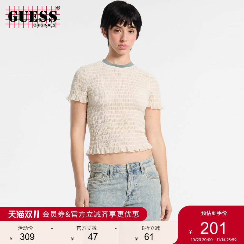 GUESS时尚圆领花边短袖T恤