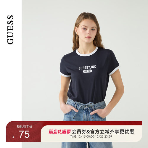 GUESS女士纯棉圆领撞色罗纹修身短袖T恤-W5PP89K2Q40