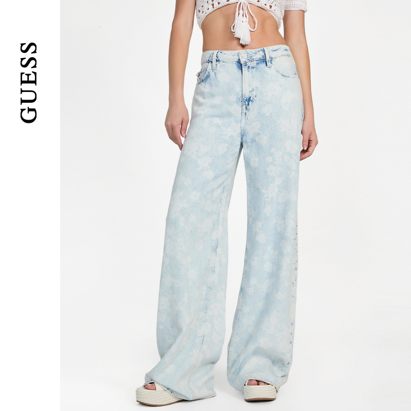 GUESS女士淡蓝色花纹垂坠感阔腿牛仔裤-W5GA82D5B95
