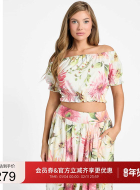 GUESS女士时尚一字肩短款罗纹收边上衣-W5GH61WH4S2