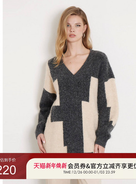 GUESS女士法式慵懒风V领拼色毛针织衫-W4BR0AZ3JO0