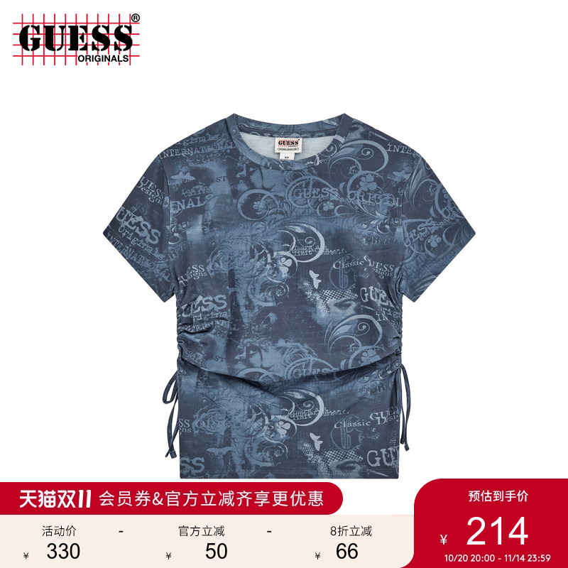 GUESS印花侧边抽绳设计短袖T恤