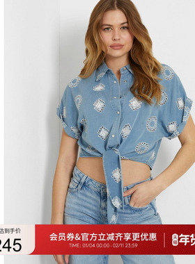 GUESS女士镂空花纹收腰系带短衬衫上衣-W4GH34D5CD1