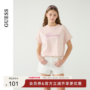 GUESS女士撞色烫钻logo简约短袖T恤-W5PP80K2Q40