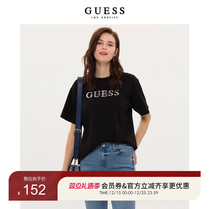 GUESS女士烫钻印花LOGO短袖T恤