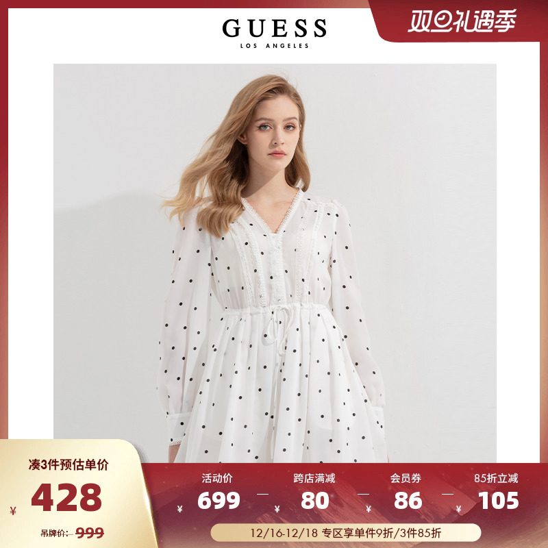 GUESS 女士气质清纯收腰时尚减龄V领圆点印花连衣裙-W2PK0JW35Y3