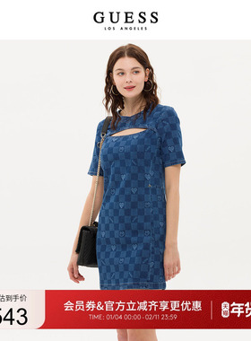 GUESS女士领棋盘格爱心提花收腰包臀牛仔连衣裙-YN2D6782