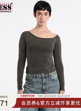 GUESSOriginals 25年新款早秋女士斜肩优雅复古T恤-W5YI42J1314