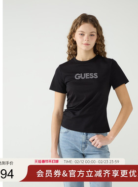 GUESS女士烫珠抽褶设计印花圆领短袖T恤-Q5PP16K2Q40