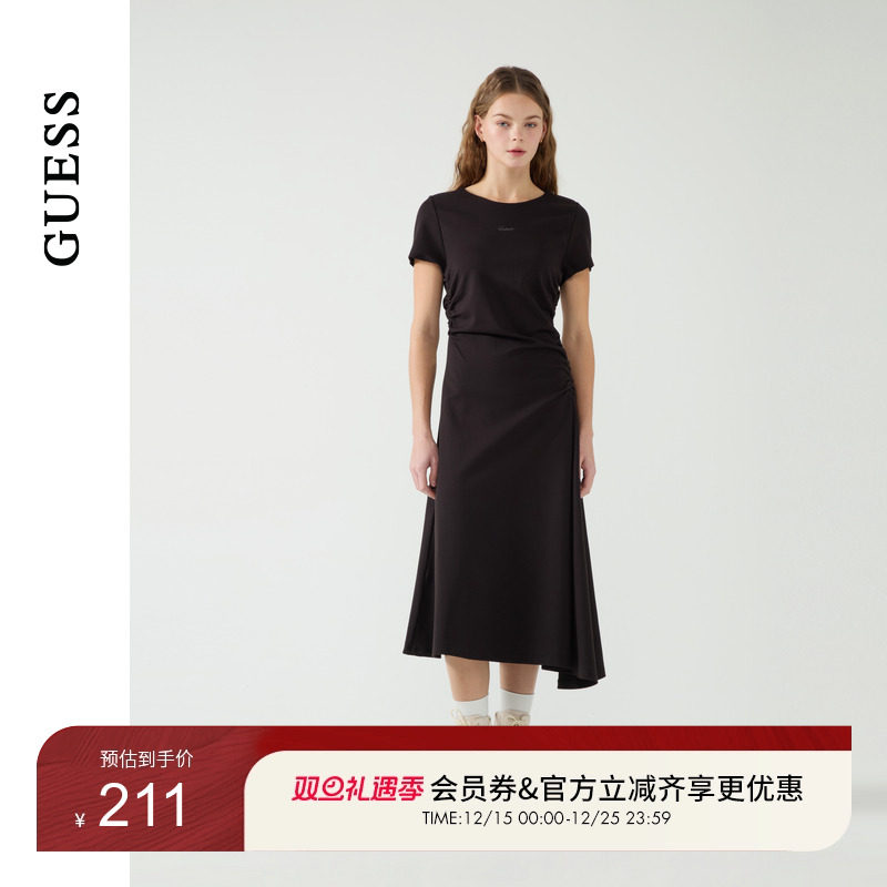 GUESS女士褶皱收腰圆领短袖气质连衣裙-W5PK1HK2Q40
