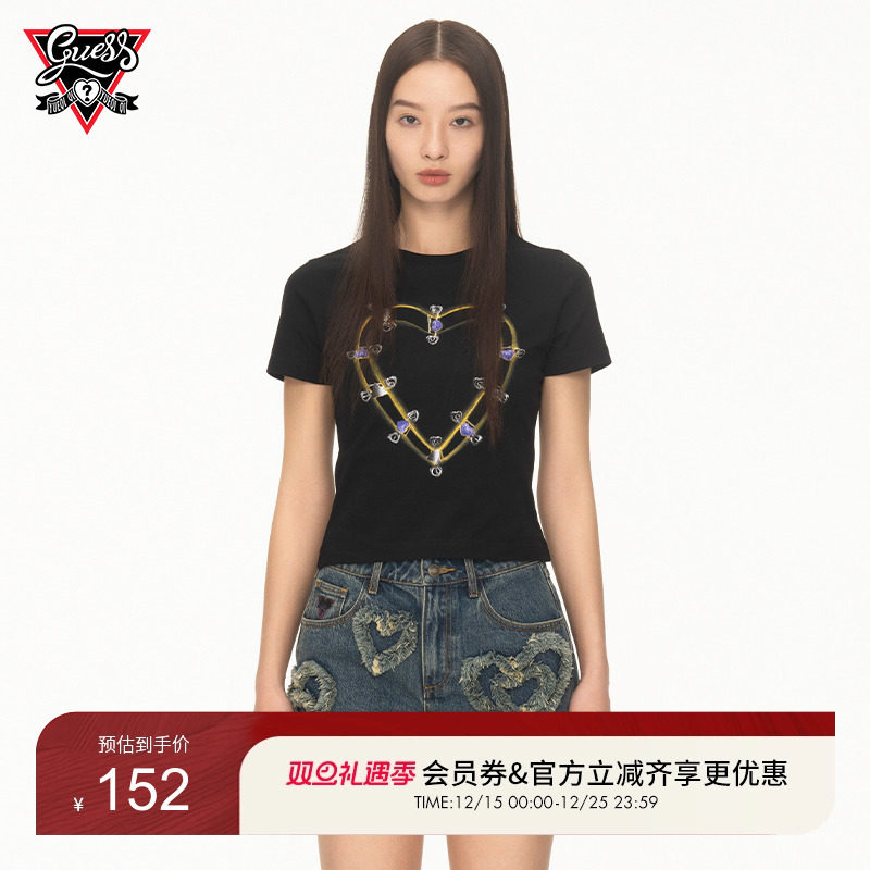 爱心别针印花修身正肩修身T恤