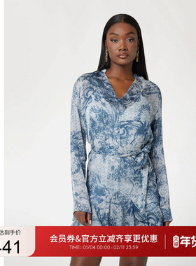 GUESS女士气质典雅印花V领梭织连衣裙-W5RK35WDW82