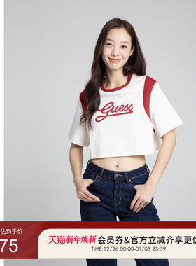 GUESS女士经典logo辣妹短款圆领撞色T恤-W4PP85K2Q40