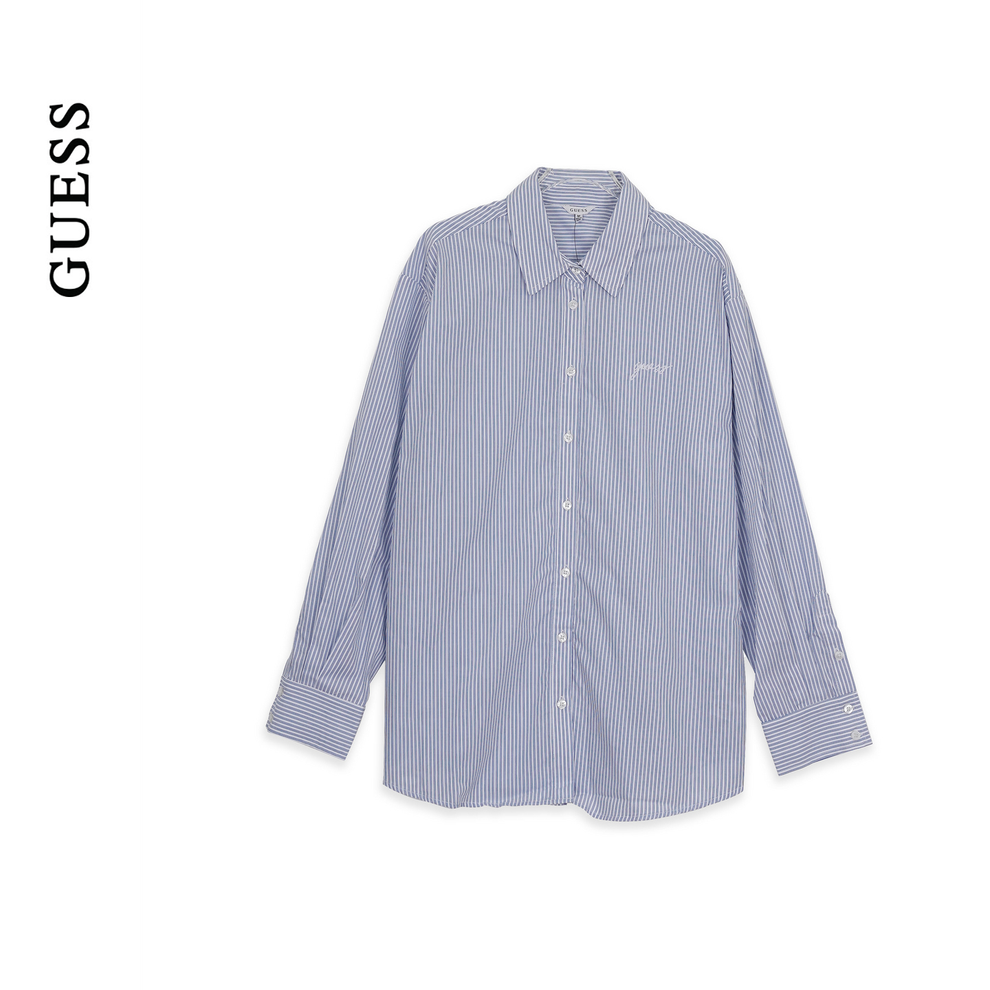 GUESS25年新款早秋女士翻领单排扣长袖宽松条纹衬衫-W5YH47WHD10
