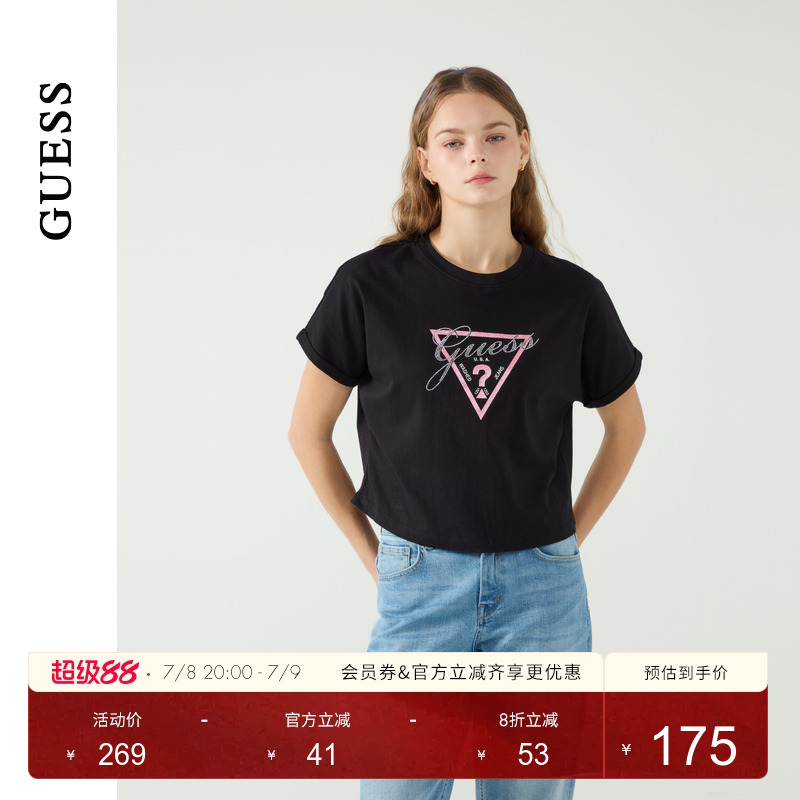 GUESS25年新款春季女士闪亮倒三角烫钻logo短袖T恤-W5PP81K2Q40