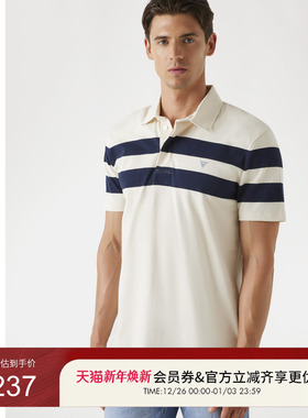GUESS25年新款早秋男士翻领深蓝条纹商务休闲POLO衫-M5YP25K0241