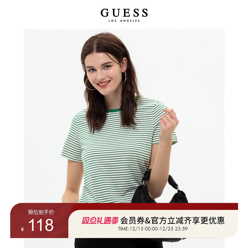GUESS细条纹舒适修身圆领短袖T恤