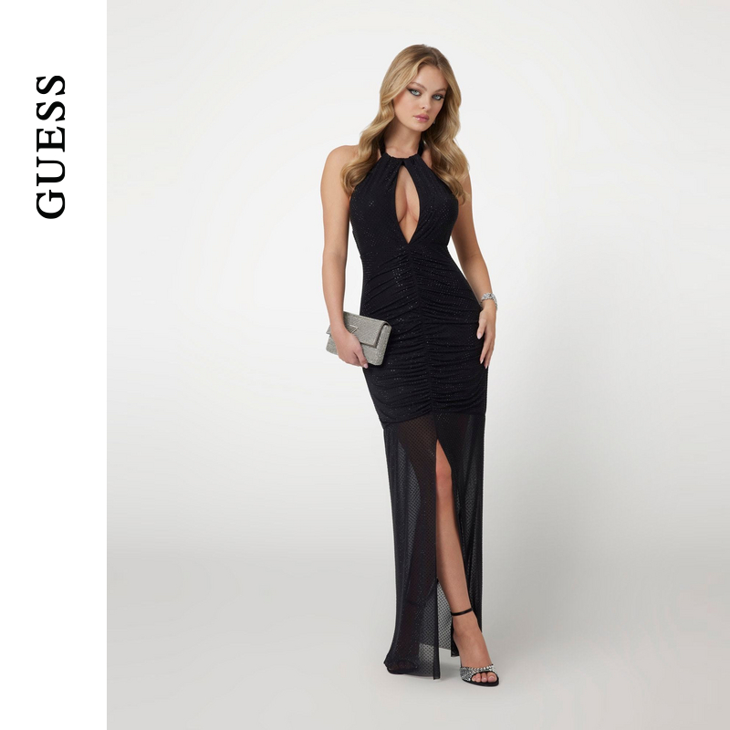 GUESS网纱拖尾挂脖针织连衣裙