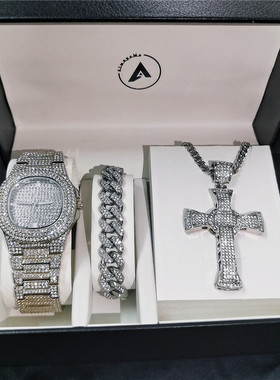 欧美hiphop饰品三件套装满钻十字架项链镶钻手表古巴手链男说唱