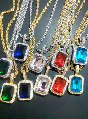 嘻哈彩色宝石项链男女hiphop镶钻吊坠欧美小众街头ins情侣饰品潮