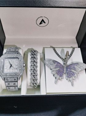 嘻哈饰品三件套满钻方形手表古巴手链锆石蝴蝶项链hiphop配饰礼盒