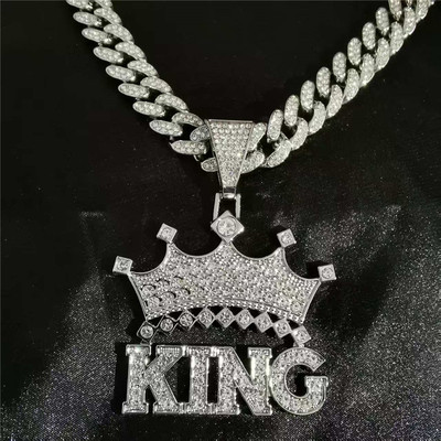 欧美嘻哈满钻皇冠字母吊坠项链