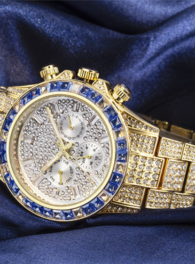 欧美嘻哈满钻手表男潮圆形大表盘时尚满天星镶钻石英表iced watch