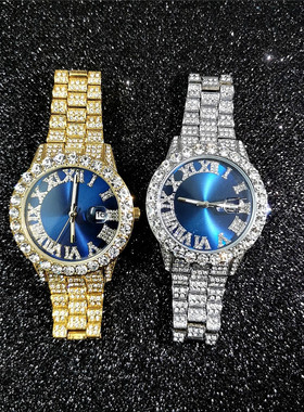 嘻哈镶钻手表圆形大表盘男hiphop满钻时尚潮牌绿面个性石英钻石表