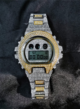 Hiphop满钻手表男士电子时间显示圆形表盘闹钟夜光嘻哈时尚石英表