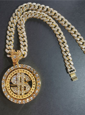 Hiphop满钻古巴项链男旋转美元镶钻吊坠个性嘻哈欧美街头潮人配饰