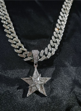 嘻哈欧美镶钻旋转五角星吊坠项链满钻古巴链男生说唱街头潮人饰品