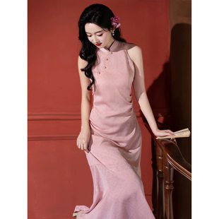 无袖挂脖旗袍鱼尾裙2026新款订婚宴礼服小个子新中式领证连衣裙