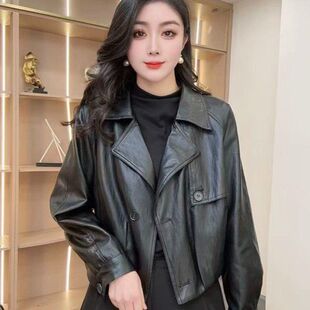 新款 春季 韩版 短款 领宽松百搭女士皮衣外套女 西装 众帆女装