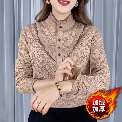 加绒加厚蕾丝打底衫木耳遮肚显瘦