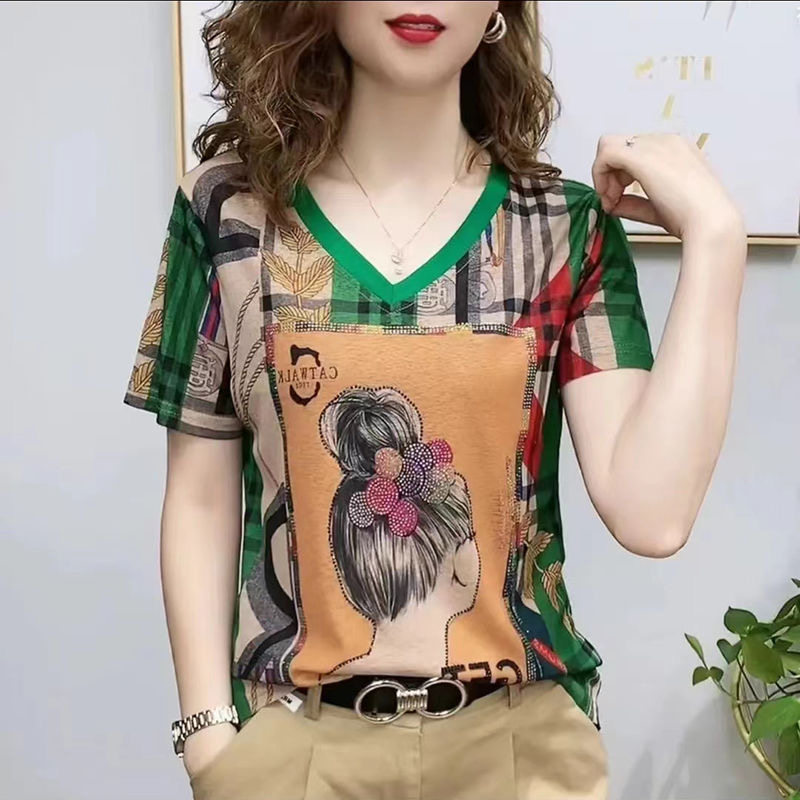 洋气短袖T恤女2025夏季新款时尚减龄拼色百搭遮肚显瘦上衣v领小衫
