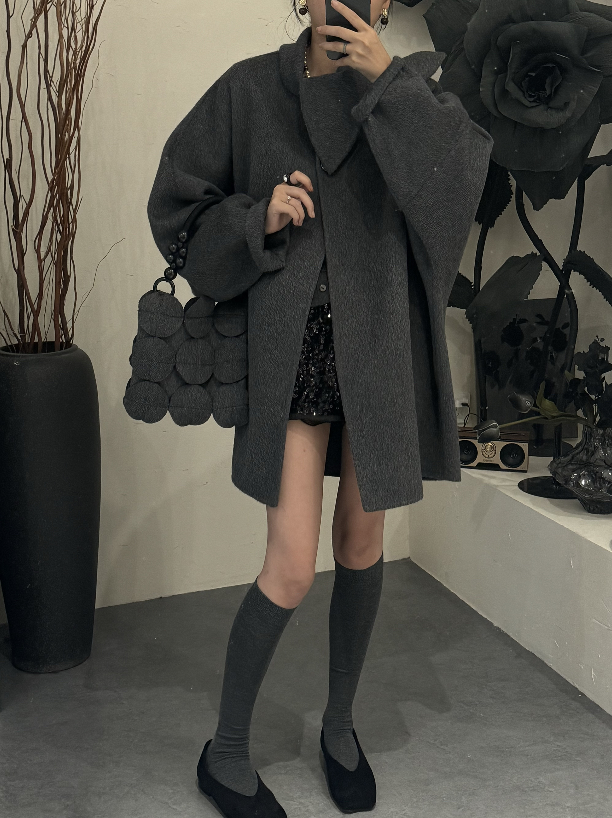 2024秋冬新款时尚韩系连围巾大衣女全毛斗篷中长毛呢外套