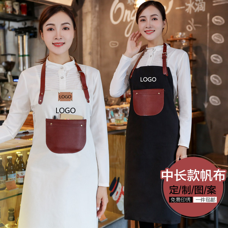 手工匠加厚皮质帆布围裙定制logo餐厅奶茶店咖啡烘焙师工作服订做