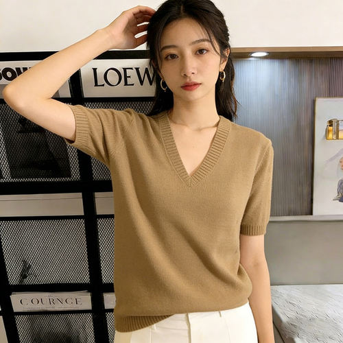 大码微胖mm复古chicV领短袖针织衫女夏季超好看修身显瘦套头上衣