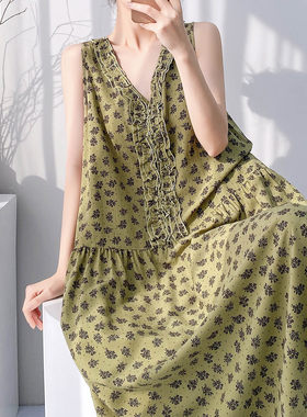 棉绸无袖睡裙女夏季薄款碎花V领荷叶边连衣裙中长款小清新家居服